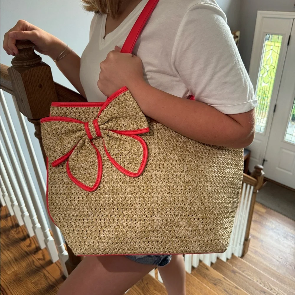 Kate Spade Tan Straw Tote with Red Orange Trim - Picture 3 of 9